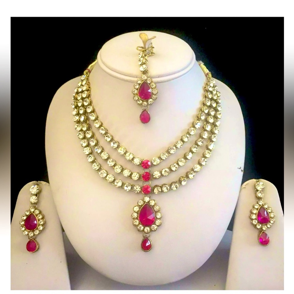 Rani/Hot Pink Indian Wedding Kundan & Diamond Jewelry Necklace Set